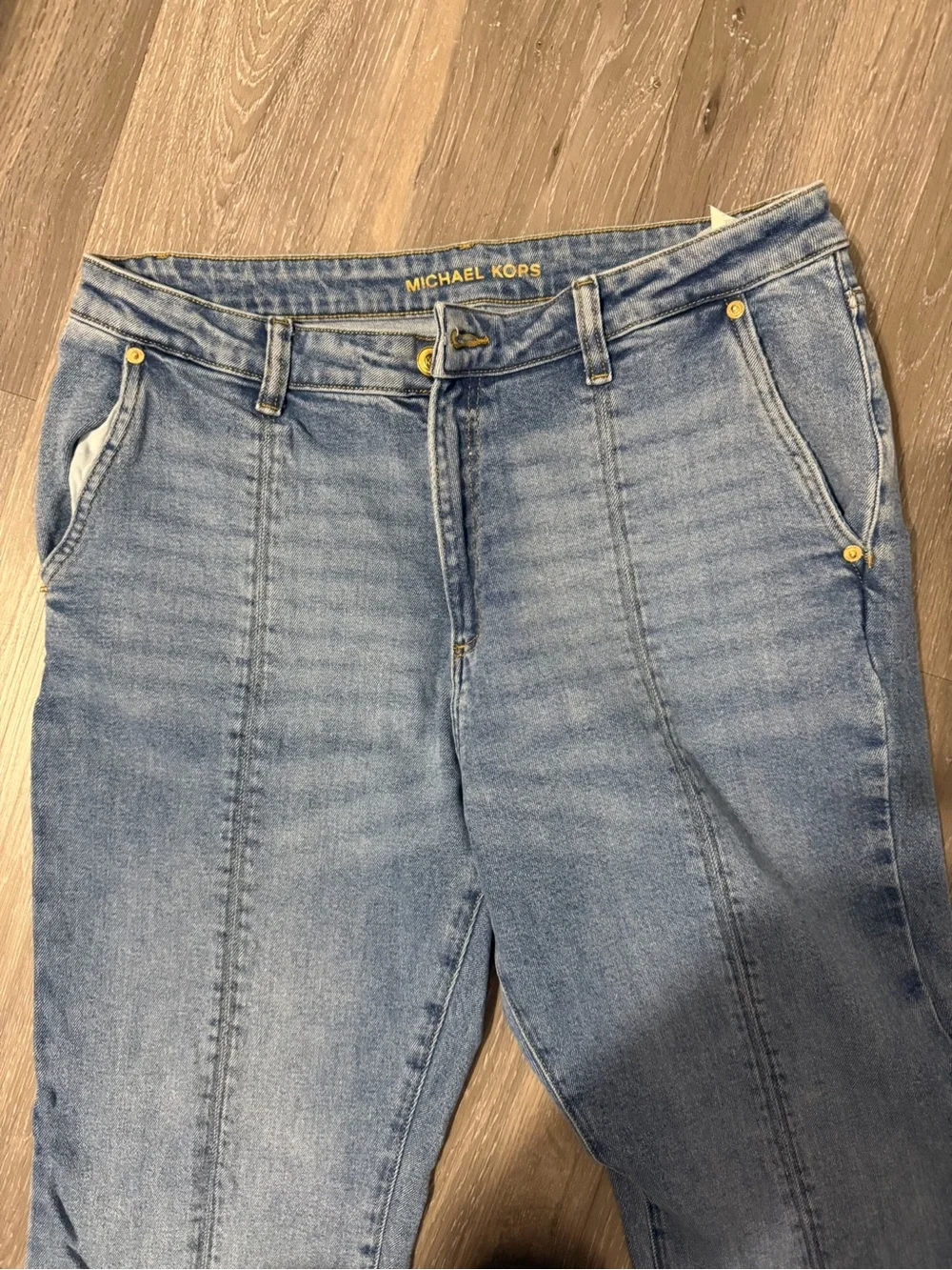 Michael Kors Mid Rise Blue Wide Straight Leg Jeans with Front Seams and Split 14